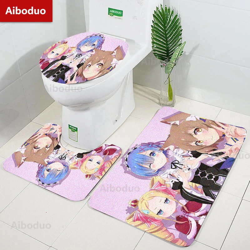 

Aiboduo Re:zero 3pcs/set Toilet Lid Cover Set NonSlip Carpet Bath Mat Anime Girl Rem Warm Home Decoration Absorbent Restroom Rug