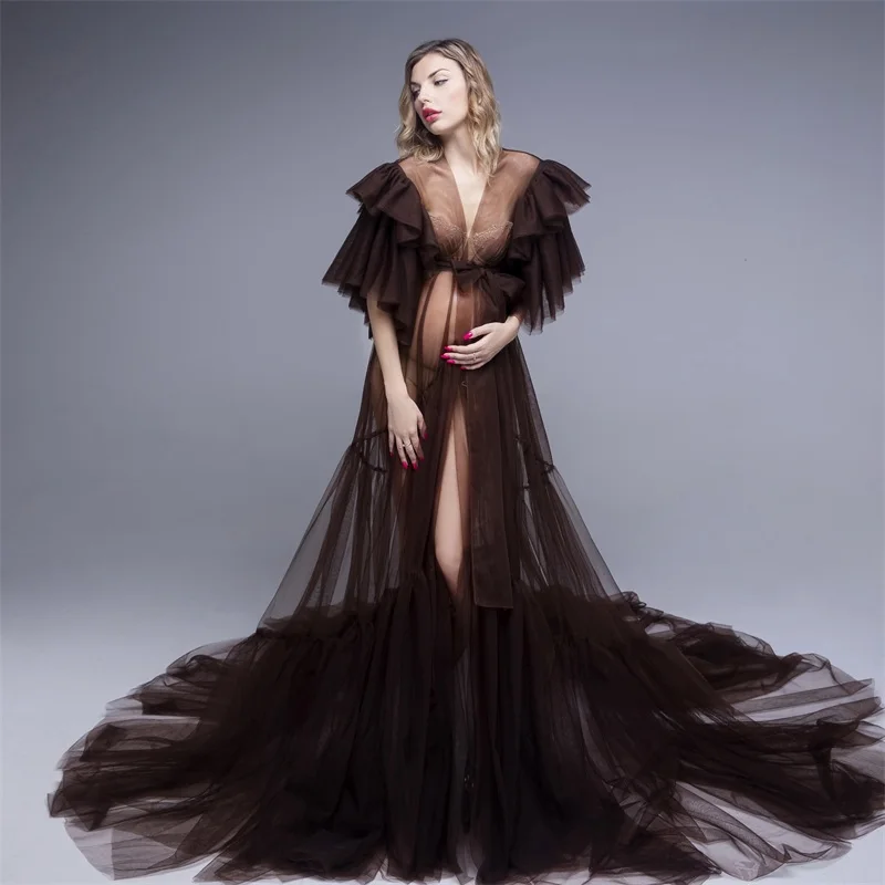 Wedding Brown Pregnant Women Robe Photography Sleepwear Custom Made Puffy Tulle Dress Real Image Maternity Photoshoot Bathrobe