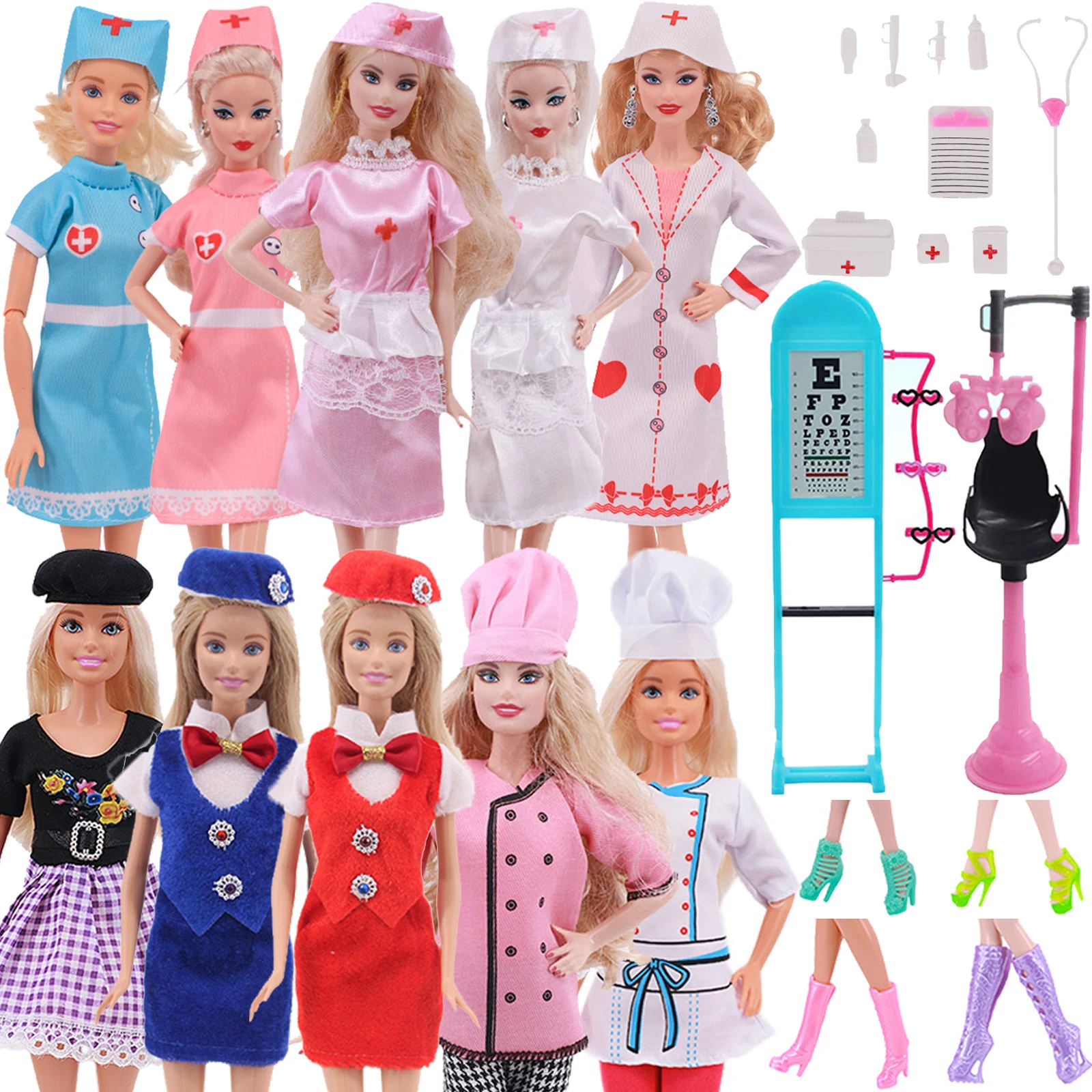 Barbies Doll Shoes Doctor Nurse Chef Uniform Costume Scene Cosplay Doll Clothes For Barbie 11.8Inch Doll Accessories Girl`s Toys