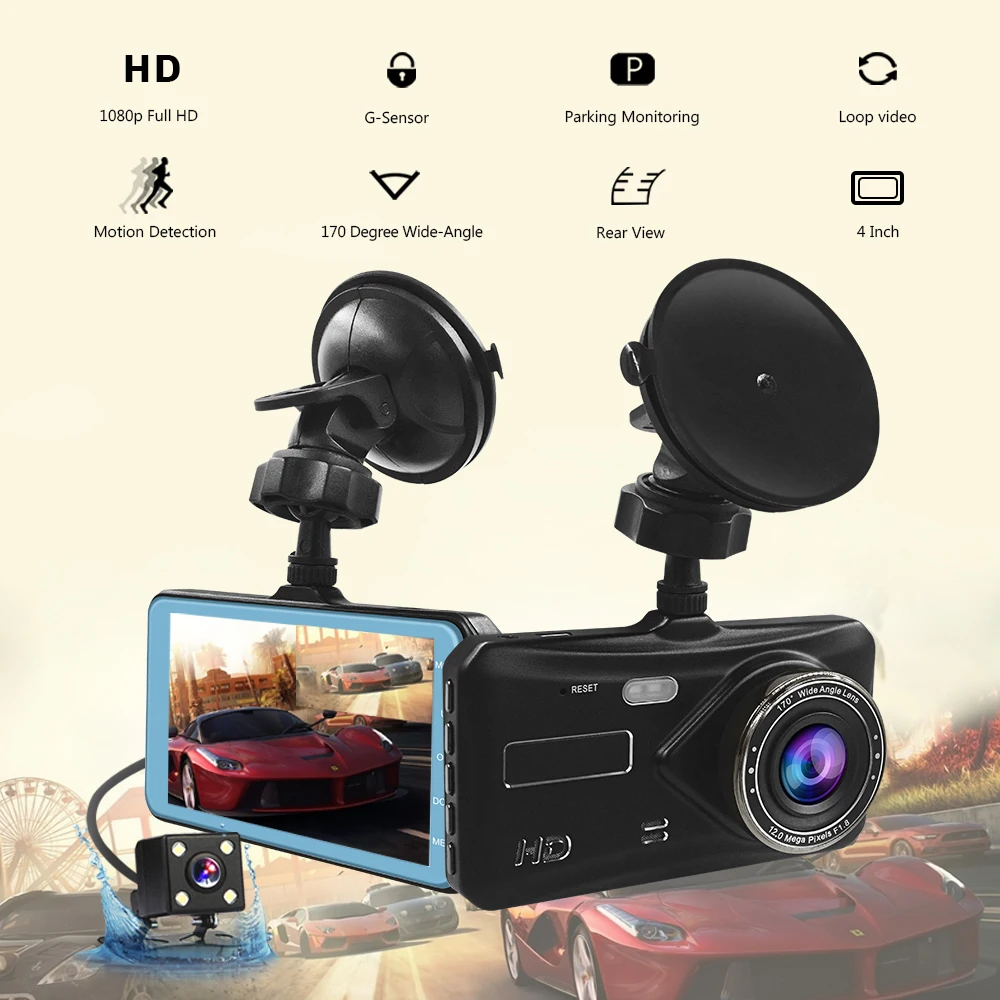 

4-inch IPS Dual-lens Driving Recorder FHD 1080P 170 Degree Wide-angle Night Vision Reversing Video Car Front and Rear In-car DVR