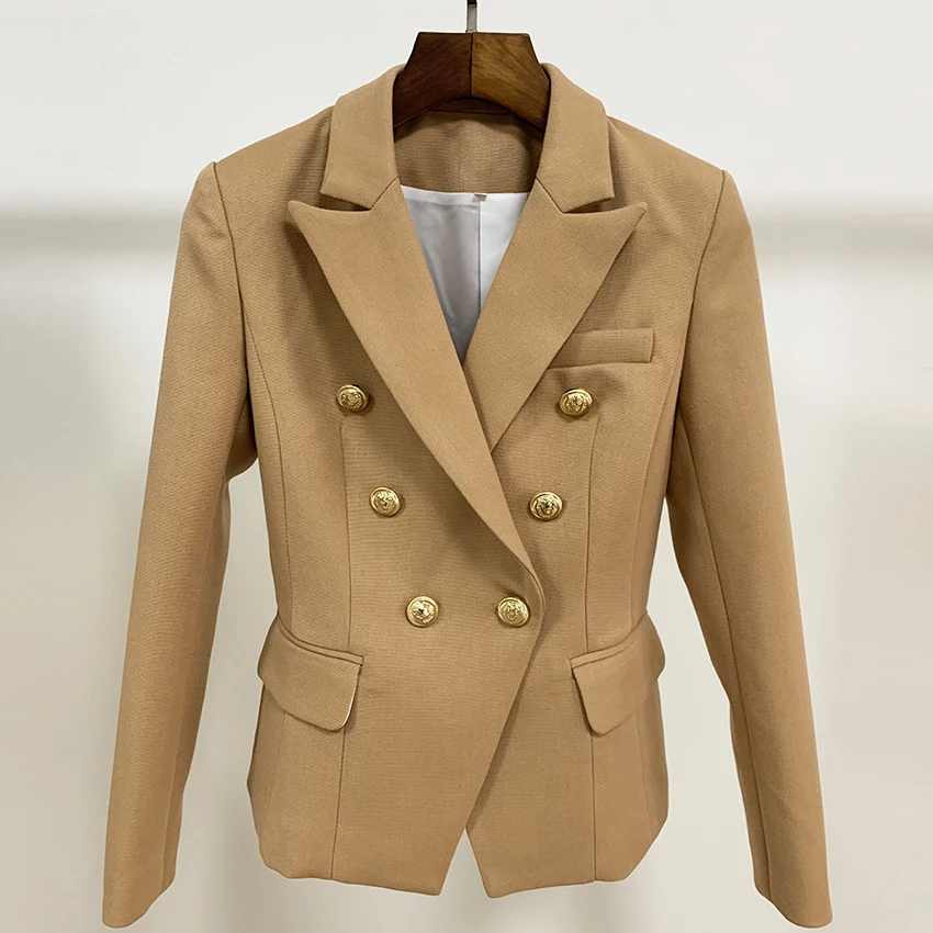 HIGH STREET 2024 Blazer desainer mode baru jaket Blazer Pique Double Breasted Wanita kancing singa warna cokelat