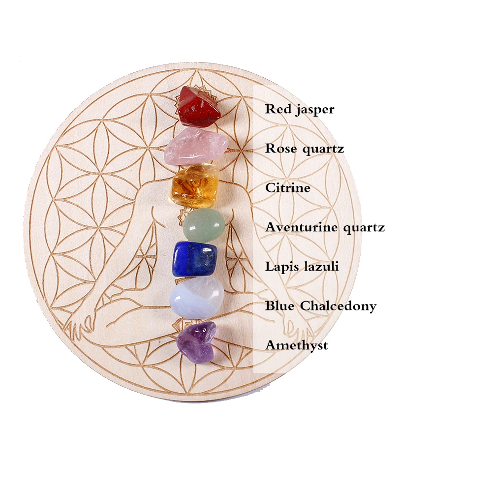 7pcs/set Natural Crystal Crushed Stone Mixed Seven Chakra Quartz + Seven Star Array Wood Plate Healing Balance Home Decor Gift