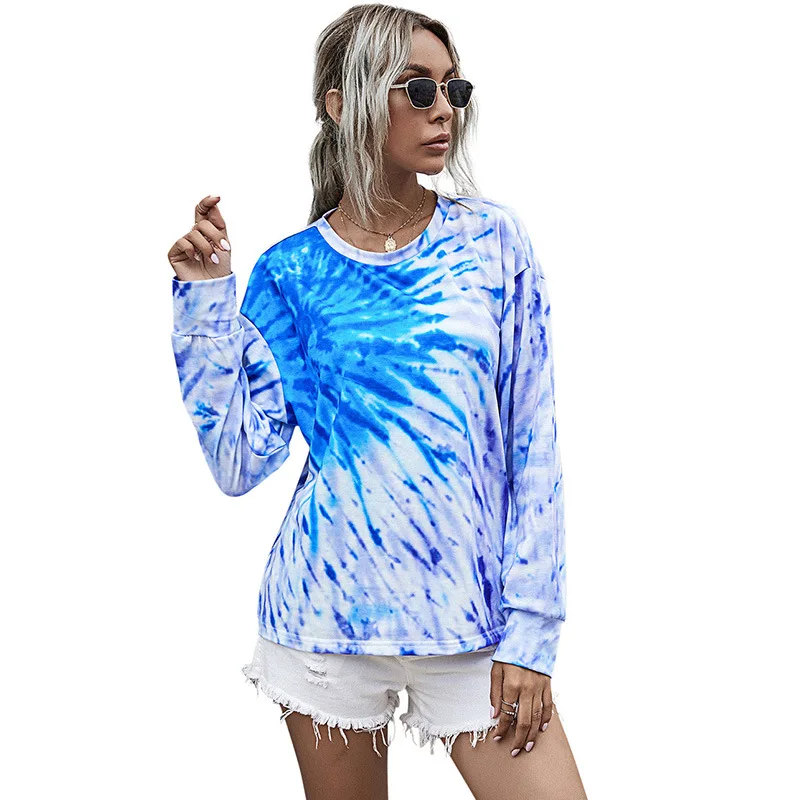 Casual Sweatshirt Trendy Printing Womens O-Neck Long Sleeve Tie-Dyed Sweatshirt Women Tops Lady Fashion Clothes Loose