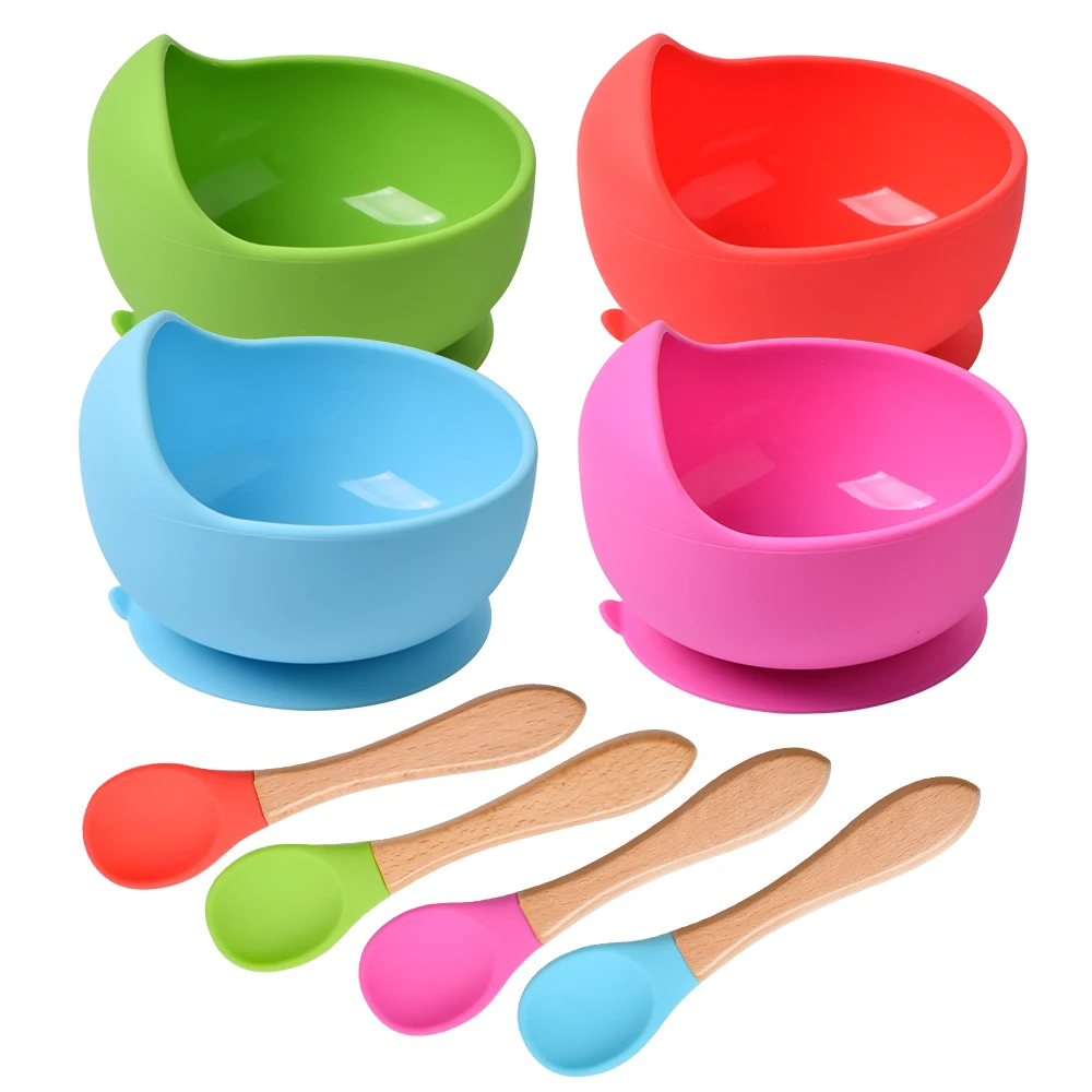 Baby Silicone Bowl Set BPA Free Non-slip Children\'s Suction Bowl Wooden Handle Silicone Spoon Food Grade Waterproof Tableware