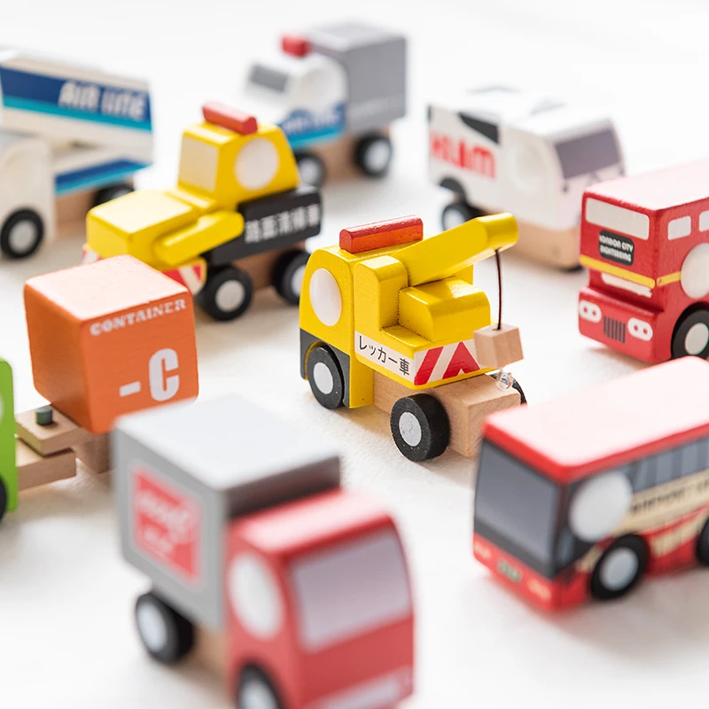 Juego de Mini coches de madera para niños, juguete de simulación de dibujos animados, transporte, avión, camión, modelo Montessori, juguete