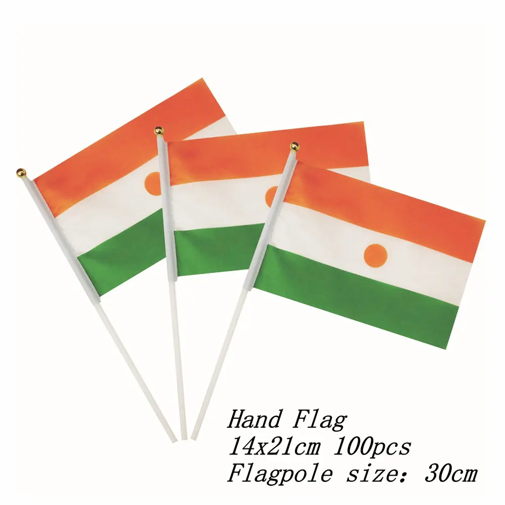 

zwjflagshow Niger Hand Flag 14*21cm 100pcs polyester fabrics nigerSmall Hand waving Flag with plastic flagpole for decor