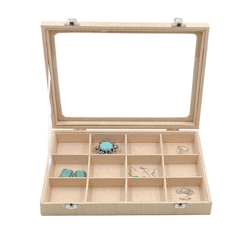 Middle Size Linen Jewelry Box Jewellery Organizer Earring Ring Storage Case Necklace Bracelet Pendant Stand with Clear Glass Lid