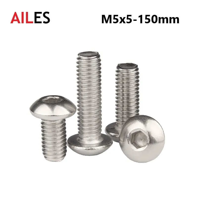 5mm Hexagon Socket  Button Round Head Screws  A2-70 304 Stainless Steel M5 X 5 6 10 50 60  90 95 100 120 140 150mm Allen Bolts