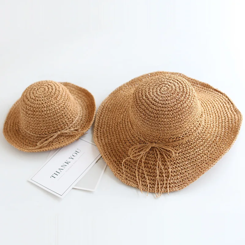 2023 New Girls Hand Made Sun Hat Kids Summer Raffia Straw Hat Big Brim Beach Cap Foldable Breathable Summer Parent-child Hat