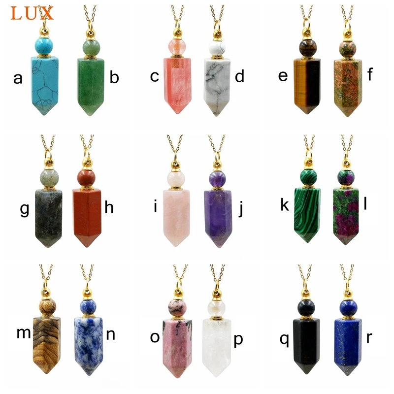 Genuine Gemstone Perfume Bottle Pendant, Pointed Pendant Amethyst Crystal Turquoise Stone Essential Oil Vial for Necklace