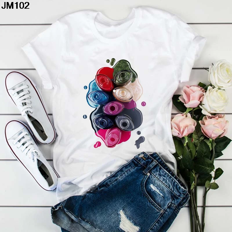 Harajuku 3D Nail Polish Print Women's T-shirt Summer Fashion Trend Woman T shirt Casual Street Wear White Top Tee Female Tshirt