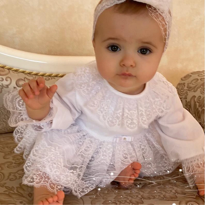 2021เด็กน่ารักGowns Christeningสำหรับสาวน้อยแขนยาวAppliques BaptismชุดเดรสBonnet Firstการสื่อสารชุด