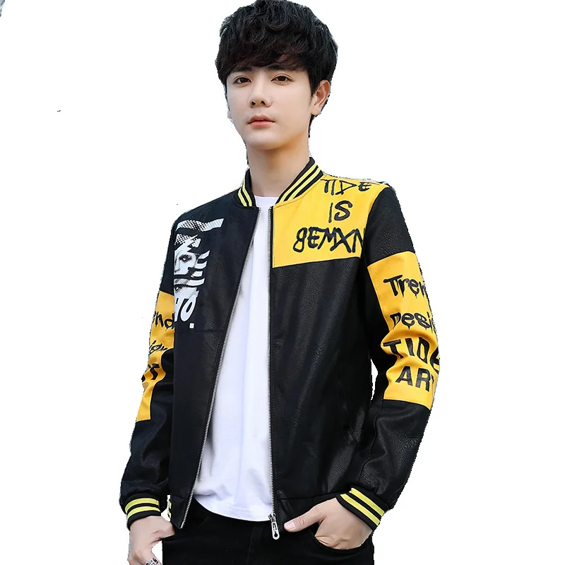 

Casual Men Street Print Letter Zipper Pu Leather Jacket Spring New Thin Stand Collar Hip Hop Outerwear Male Plus Size 4XL