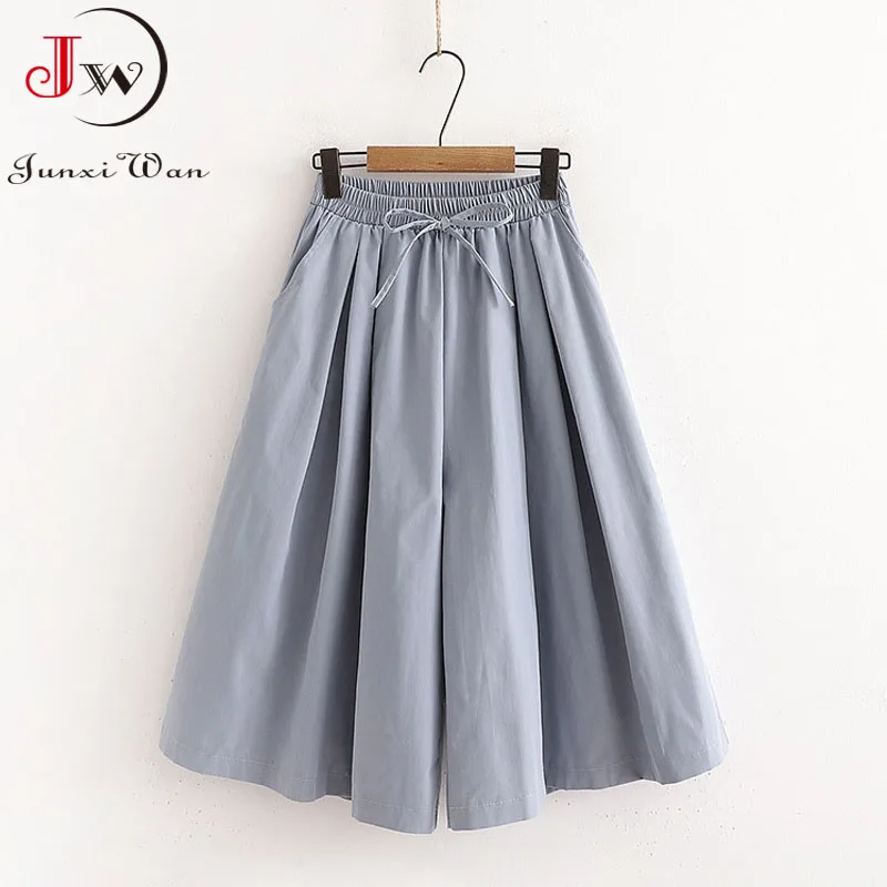 Women Summer Shorts Skirts Solid Elastic Waist Loose Casual Elegant Cotton Wide Leg Pants Korean Style Girls Midi Trousers