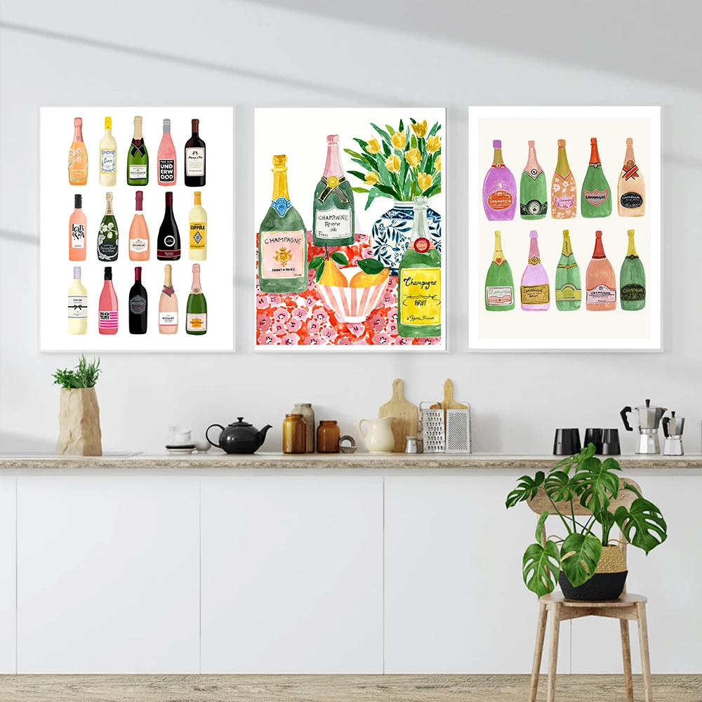 Colorful Kitchen Poster Champagne Bottle Cocktail Drink Canvas Print Wall Art Painting Picture Dining Room Restaurant Bar Decor