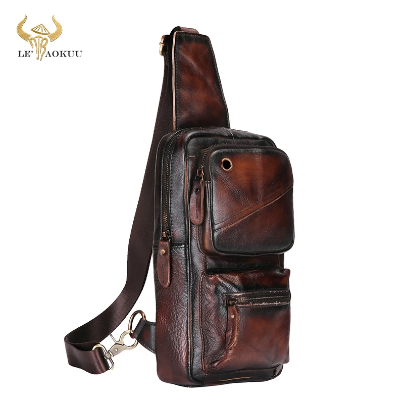 

Trend Fashion Top Quality Leather Triangle Sling Chest Bag 8" Tablet Design One Shoulder Strap Cross-body Bag For Men Male 8020