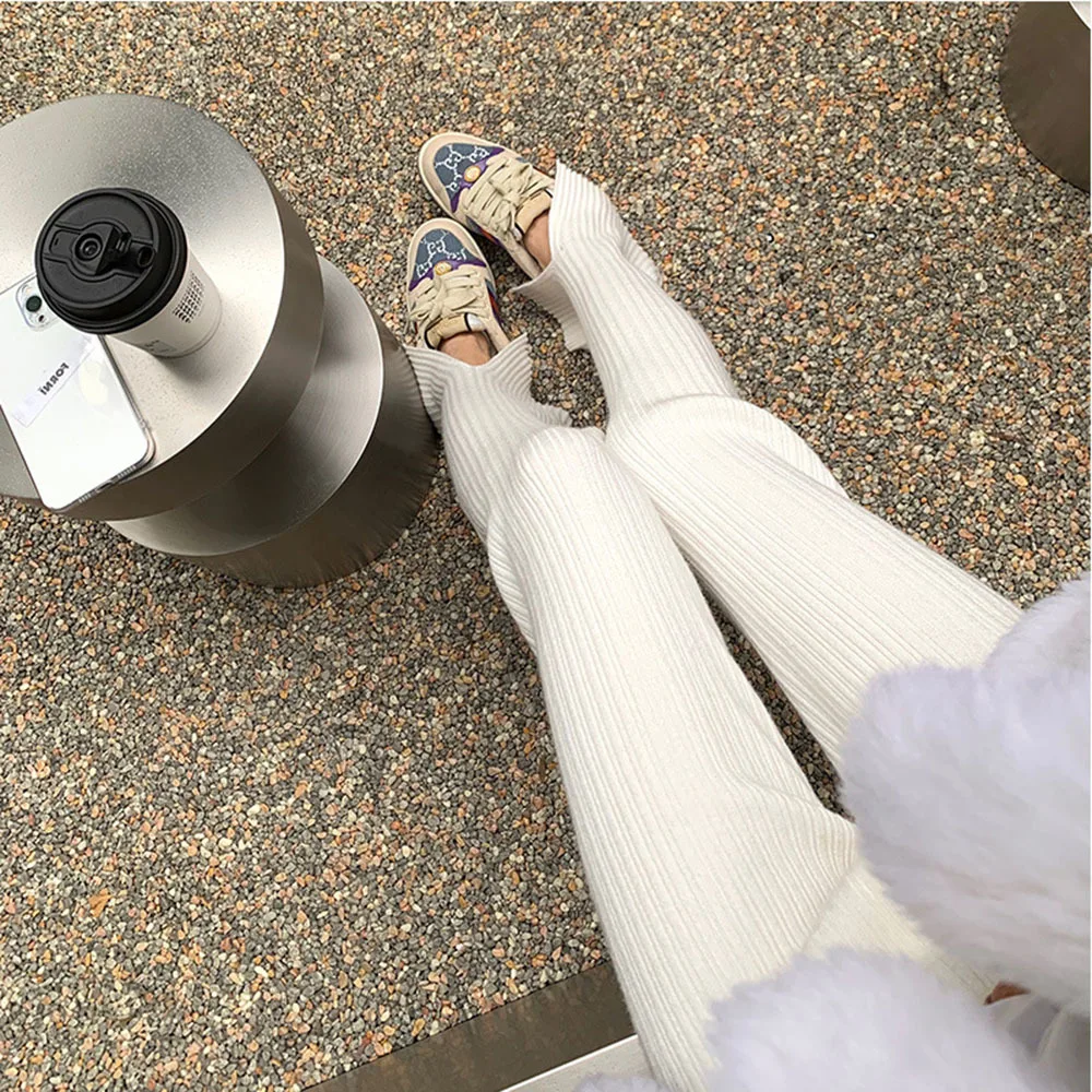 Casual Warm Loose Split Floor-length Sweater Pants for Women Autumn Winter High Waist Wide Leg Knitted Trousers Femme 2022