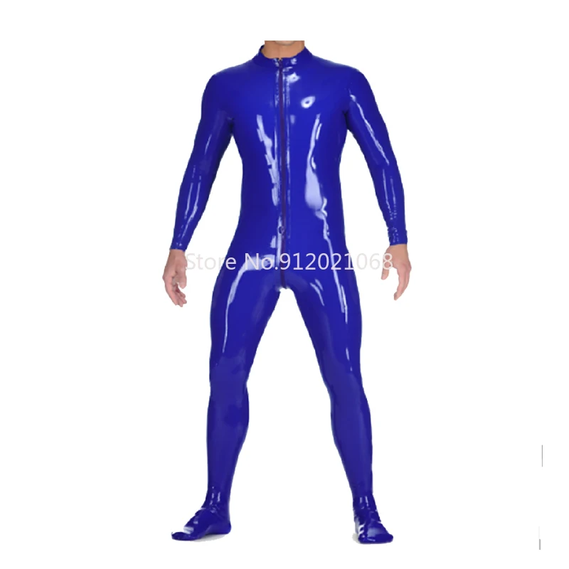 

Handmade Male Dark Blue Bodysuit Latex Rubber Catsuit with Front Crotch Zipper Custom Made Jumpsuit Men Cosplay Costumes