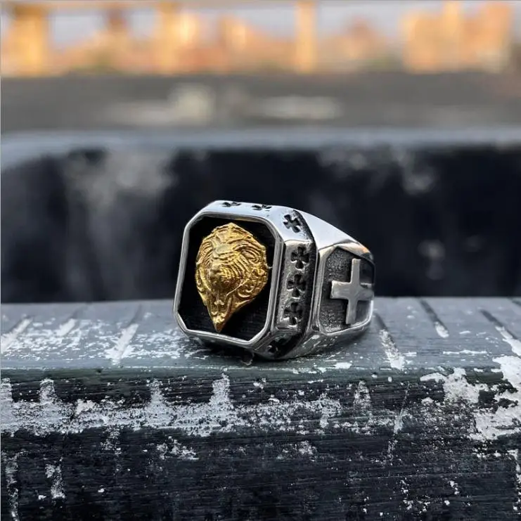 Stainless Steel Gold-Plated Lion Head Men's Ring Domineering Individual Locomotive Rings