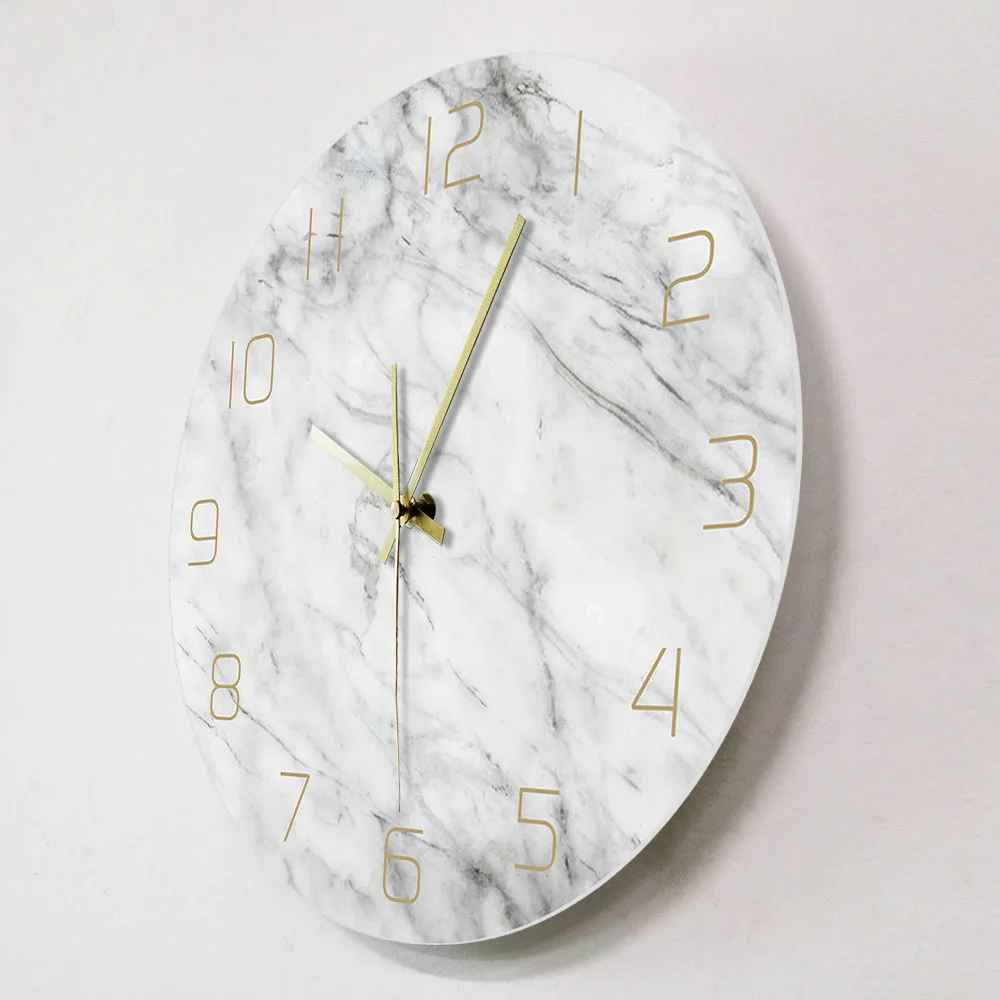 Quartz Analog Quiet Marble Wall Clock 3D Chic White Marble Print Modern Round Wall Watch Nordic Creativity Home Decor Fashion