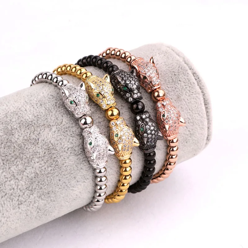 

High Quality CZ Micro Pave Leopard Charm Stainless Steel Beads Adjustable Bracelet Men Women