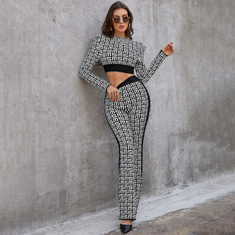 Rocwickline New Autumn & Winter Women\'s Jumpsuits Sexy & Club Print Turtleneck Puff Sleeve Slim Bandage Elegant Formal Jumpsuits