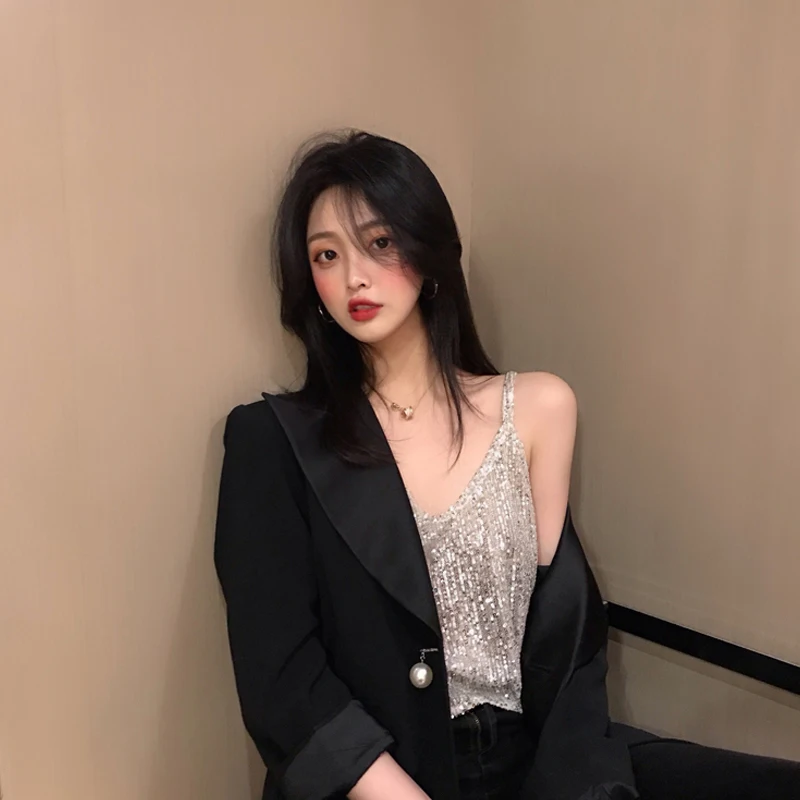 Shining Camisole Sequined Vest Sparkle Sequin Tank Glitter Party Tops Date Party Night Out Streetwear for Teens Girl Summer Tops