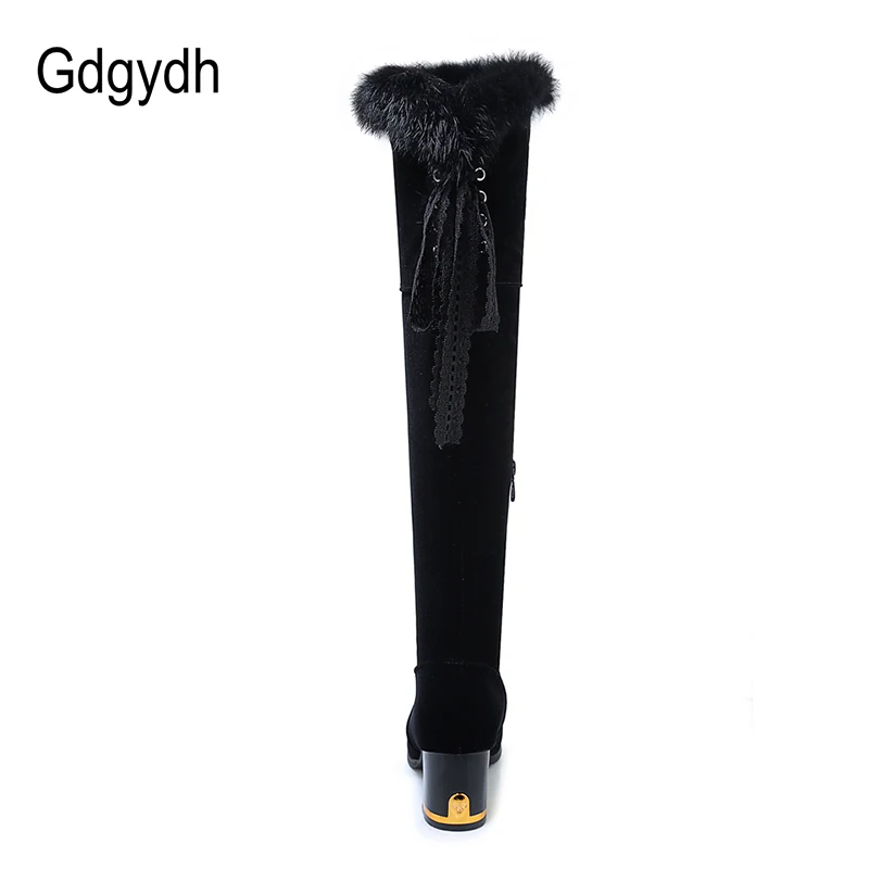 Gdgydh Real Fur Snow Boots Women Zip Winter Ladies Fashion Metal Decoration Plush Inside Warm Over The Knee Boots Female Flock