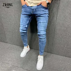 Pantalones vaqueros ajustados para hombre, Jeans elásticos para rascar, moda urbana, Hip hop, ropa Popular, azul, otoño