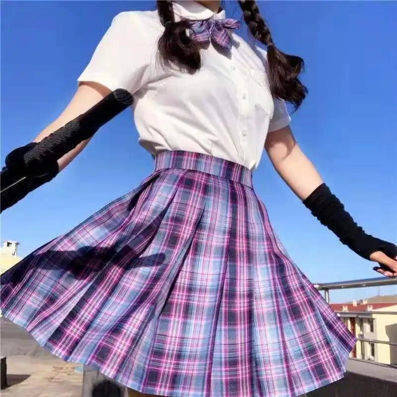 [Raspberry chá preto] fantasia de estudantes japonesa e gentil escola estilo universitário jk, uniforme de manga curta branco rosa, conjunto de saia plissada