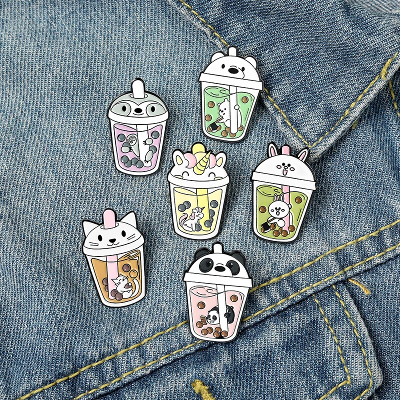 Pearl Milk Tea Enamel Pin Custom Wholesale Animal Cup Lid Sparkling Water Drink Brooch Lapel Pin Badge Cartoon Gift for Friends
