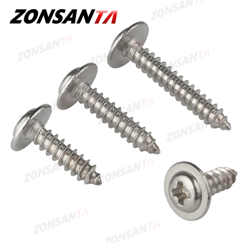 ZONSANTA 50pcs M1.4 M1.7 M2 M2.3 M2.6 M3 M4 Cross Round Head with Washer Self Tapping Screw 304 Stainless Steel Wood Screws