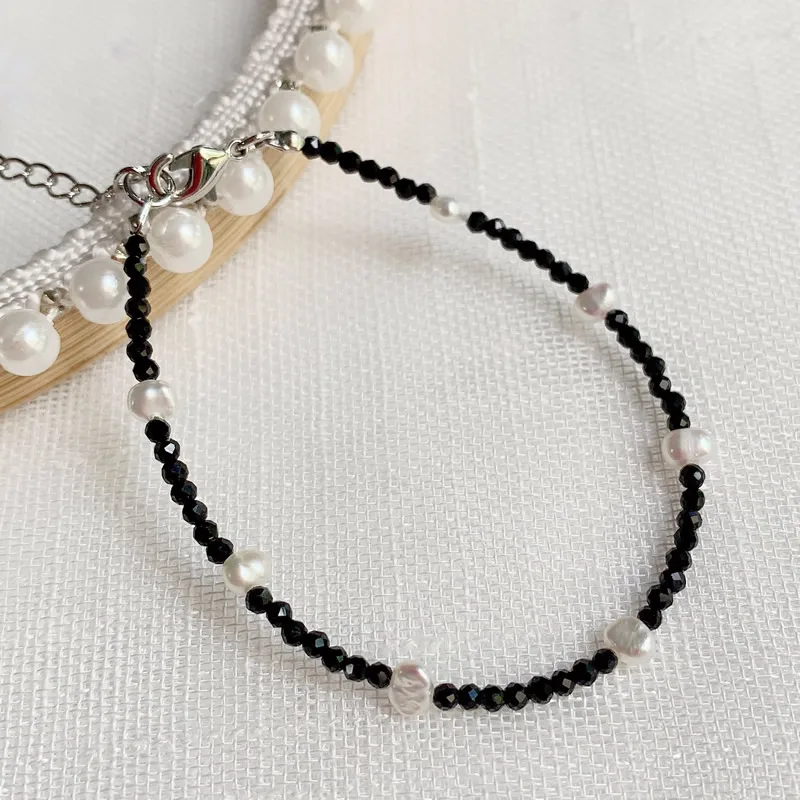 Fashion Healing Jewelry 2MM Small Black Obsidian Stone Crystal Necklace Natural Freshwater Baroque Pearl Choker Short Collier