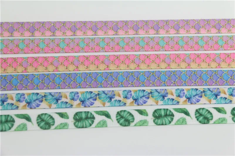 DHK 3/8\'\' 5yards mermaid fish scale leaf printed grosgrain ribbon Accessory hairbow headwear DIY decoration 9mm E1589