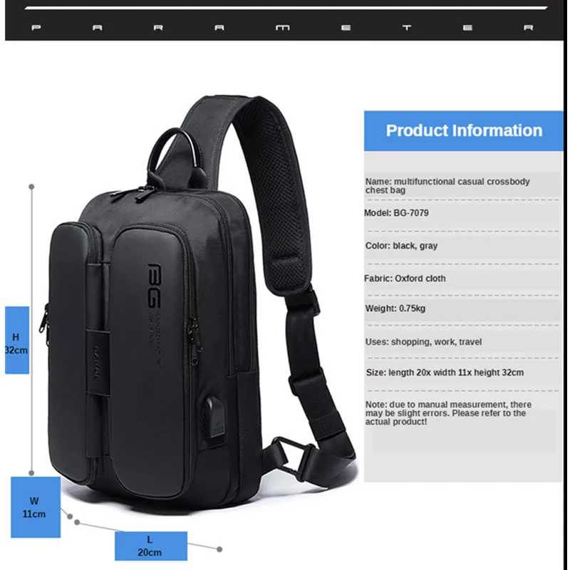 BANGE-bolsa de peito impermeável masculina, bolsas casuais, bolsa de ombro com carregamento USB, bolsa de mensageiro Oxford, grande capacidade,