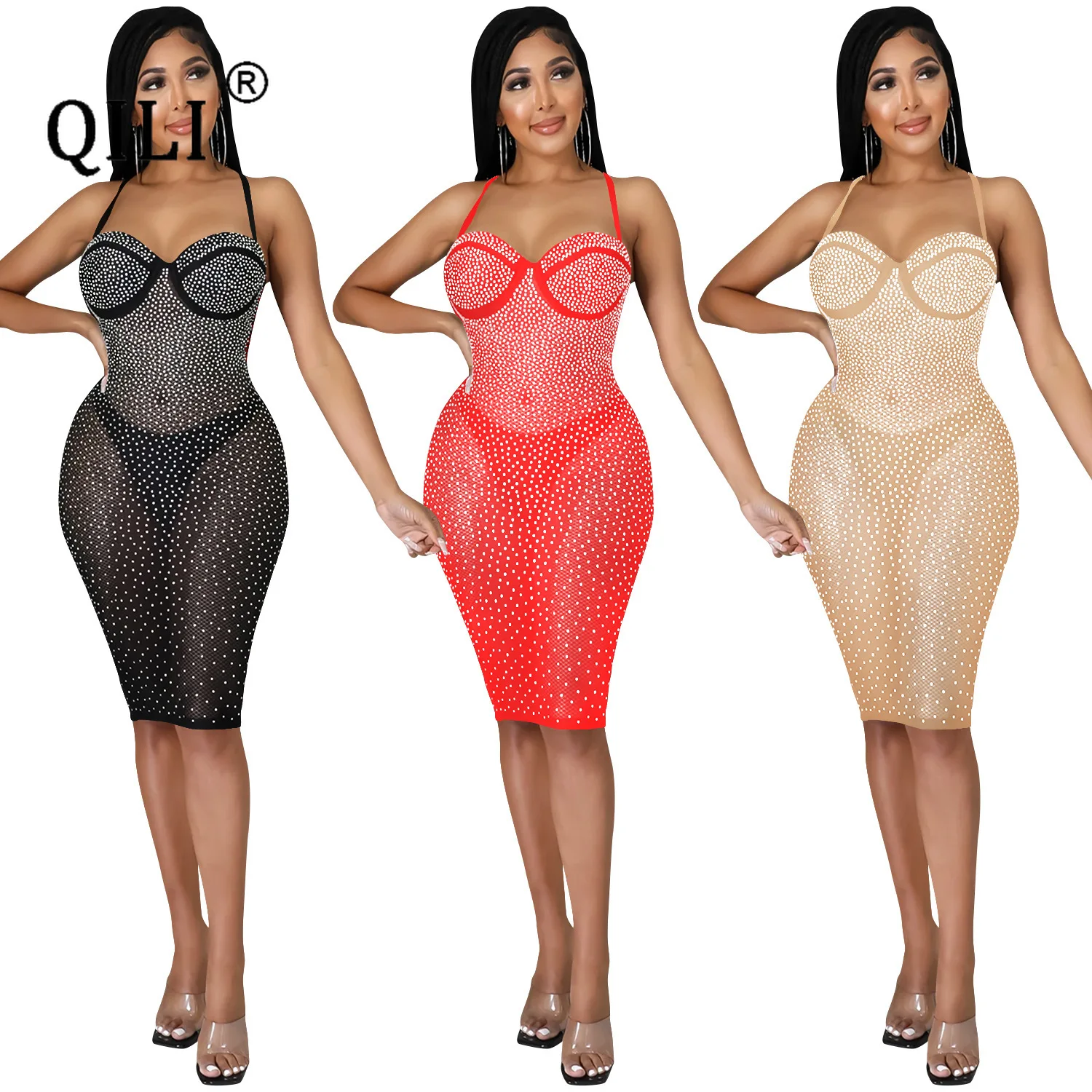 

QILI-Sexy Sling Halter Nightclub Dress for Women, Hot Diamond Perspective, Bandage, Backless, See Through, Party Club Wear