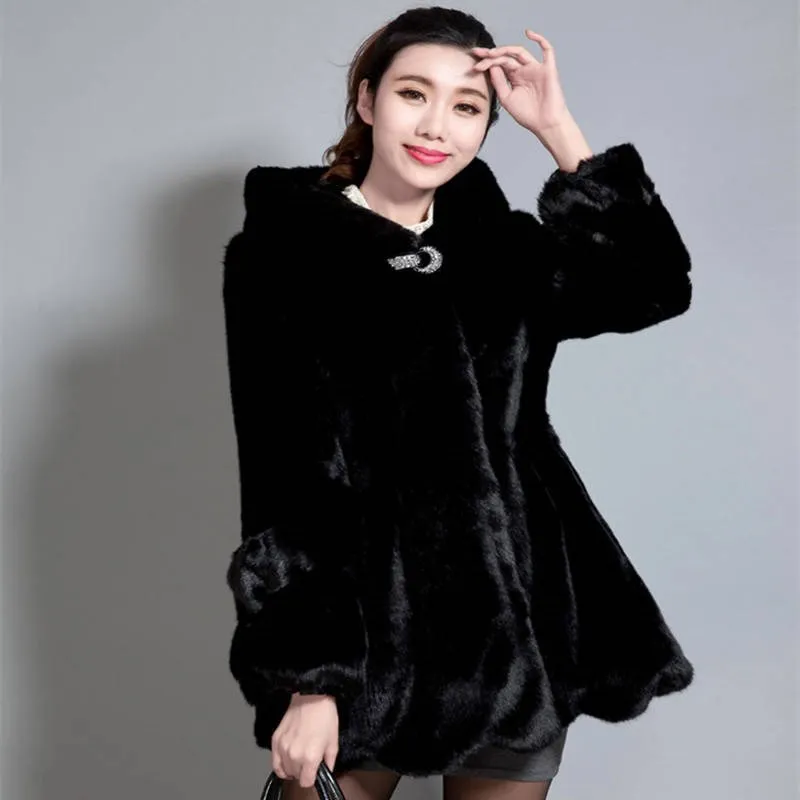 Autumn Winter S - 3XL Women Winter Hooded Mink Fur Coats Vintage White Black Big Size Faux Fox Fur Coat With Hood Clothing