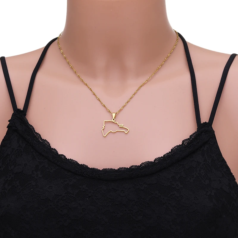 Fashion Dominica Map Pendant Necklaces for Women Girls Gold Colors Stainless Steel Party Wedding Birthday Anniversary Jewelry