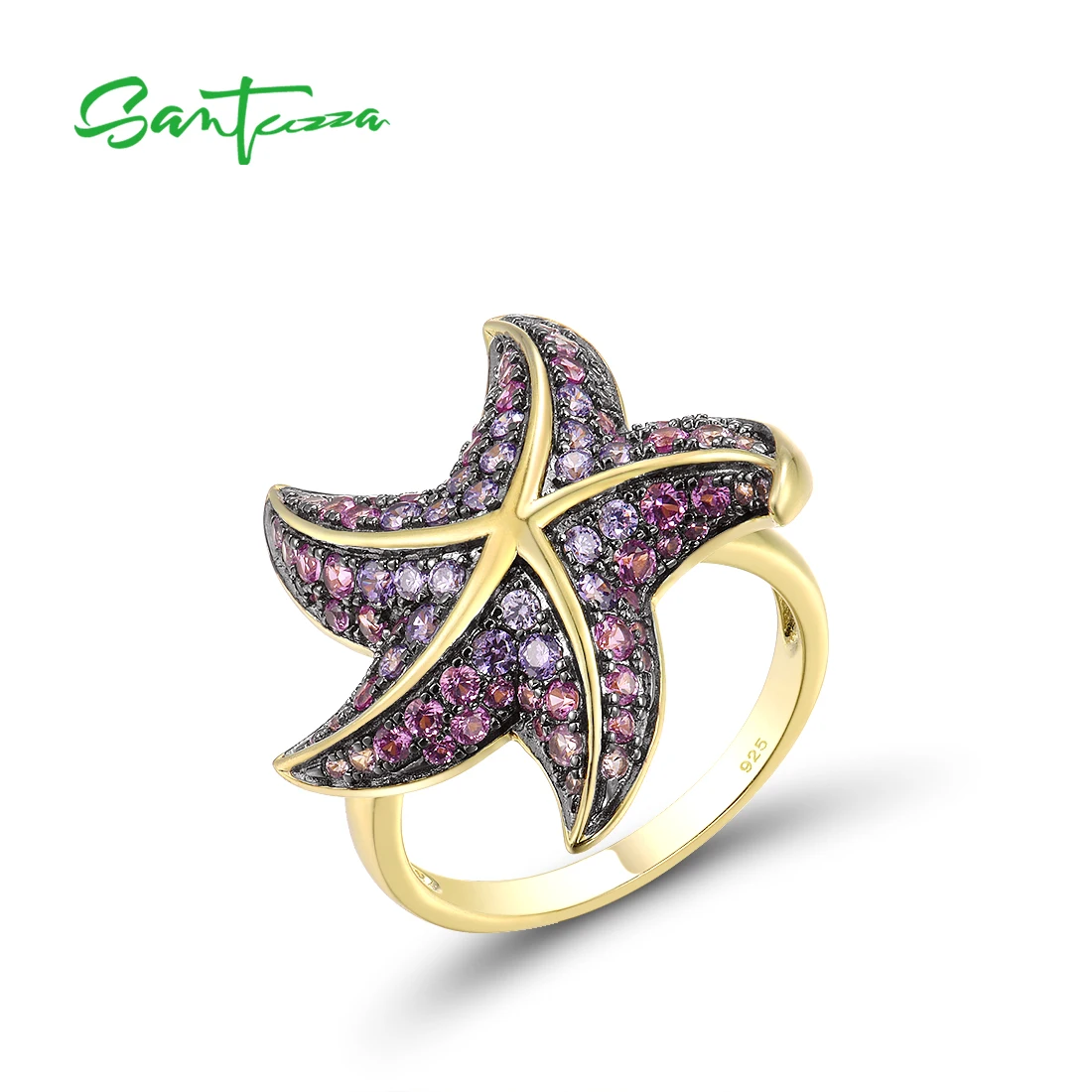 SANTUZZA Pure 925 Sterling Silver Rings For Women Sparkling Amethyst CZ Pink Stones Star Fish Ring Delicate Ocean Fine Jewelry