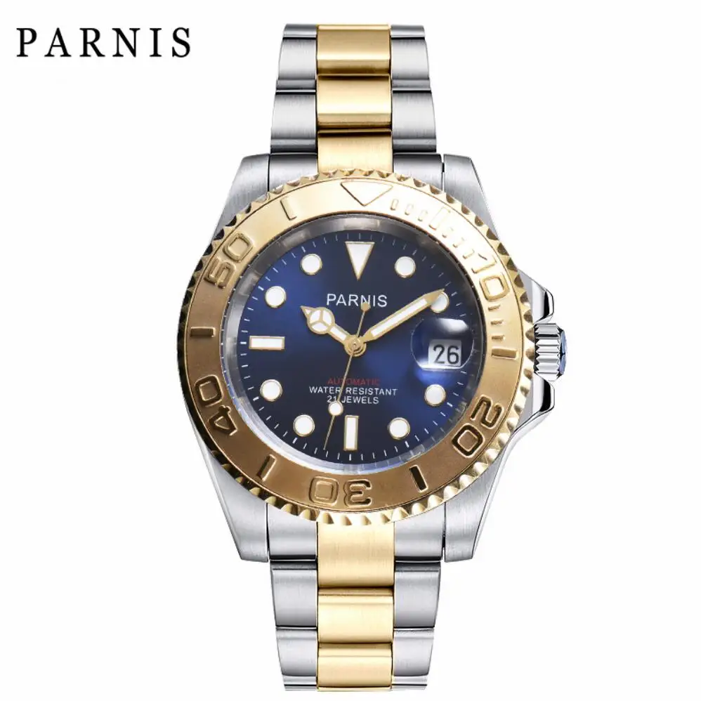 

Parnis 40mm Blue Dial Automatic Mechanical Watch Men Date Luminous Men's Watches Steel Bracelet Calendar 2019 top luxury brand