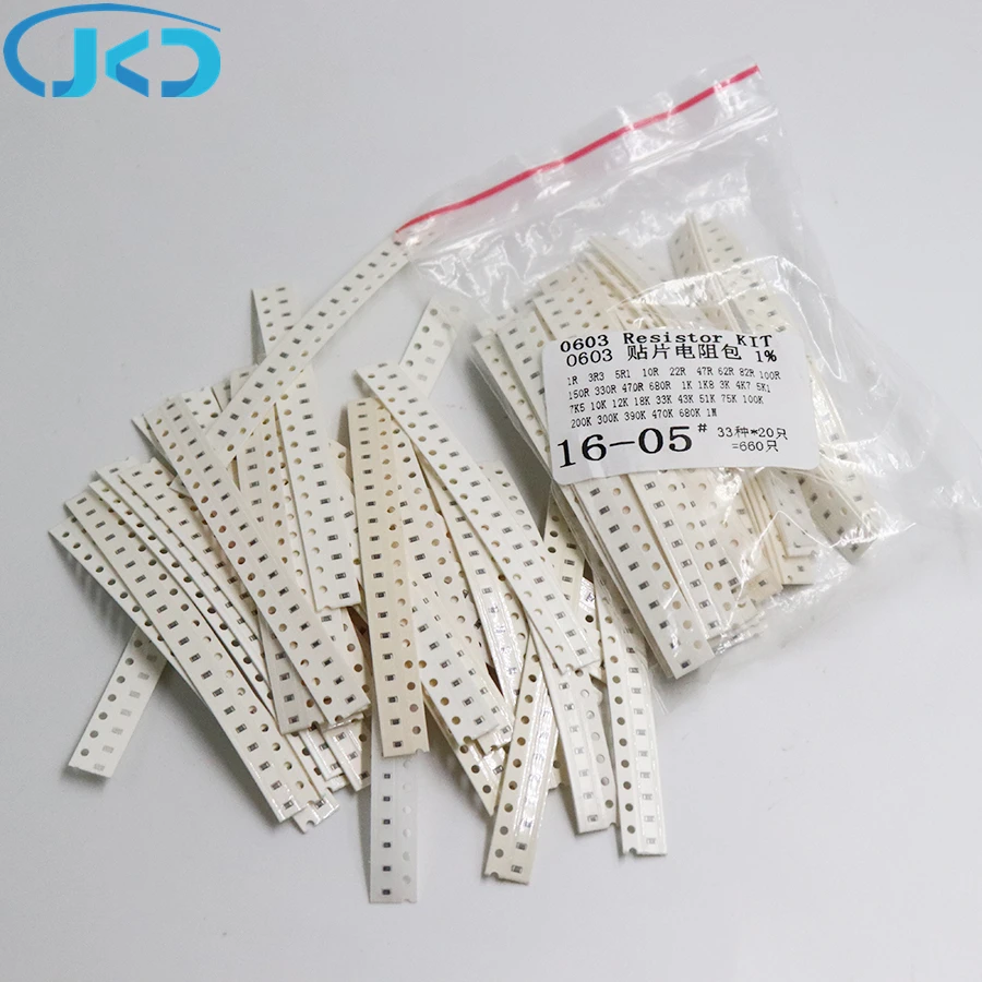 33 werte * 20 stücke = 660 stücke 0603 Widerstand Kit Assorted 1R zu 1M ohm 1% SMD Probe kit DIY 3,3 R 5,1 R 10R 47R 10K 0603 smd Widerstand kit