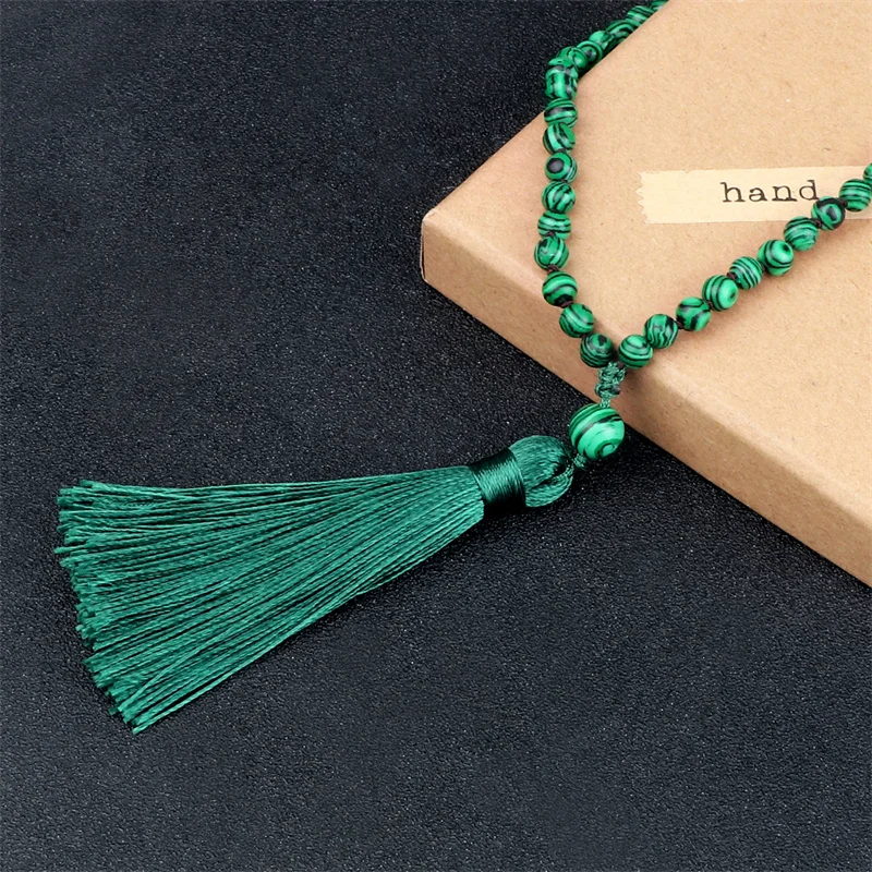 6mm Green Malachite Necklace Natural Stone Handmade 108 Beads Mala Tassel Pendant Necklace Meditation Yoga Jewelry for Women Men