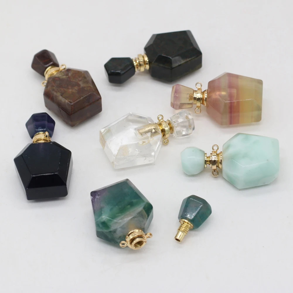 Natural Gems Stone Faceted Perfume Bottle Pendant Hexagon Essential Oil Diffuser Vial Charms for DIY Necklace Jewelry Making