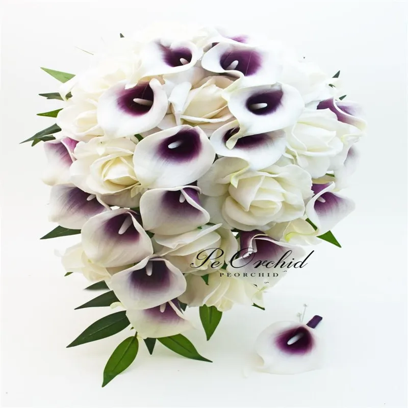 PEORCHID Purple White Wedding Bouquet Cascade Calla Lily Rose Artifical flowers Luxury Trouwboeket Waterval Bouquet Decoration