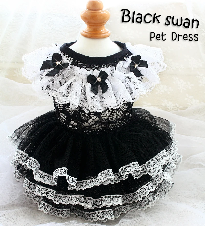 Handmade Dog Clothes Pet Supplies Princess Dress Black White Openwork Lace Party Holiday Tiered Skirt One Piece Poodle Maltese