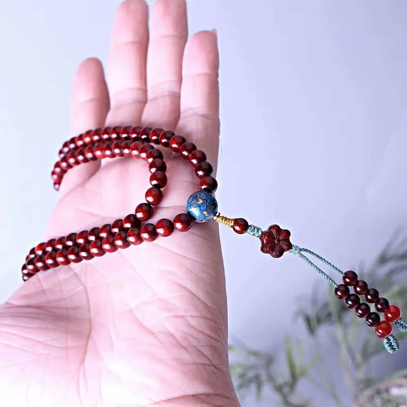 Five edge flower leaflet red sandalwood bracelet Jewelry 108 chicken blood red delicate glass bottom