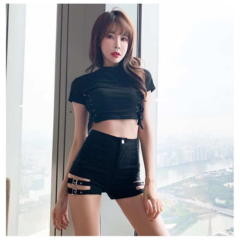 Women's Denim Shorts High Waist Black Hollow Out Bandage Punk Female  Ladies Shorts stretch Jeans For Women Summer Hot Shorts