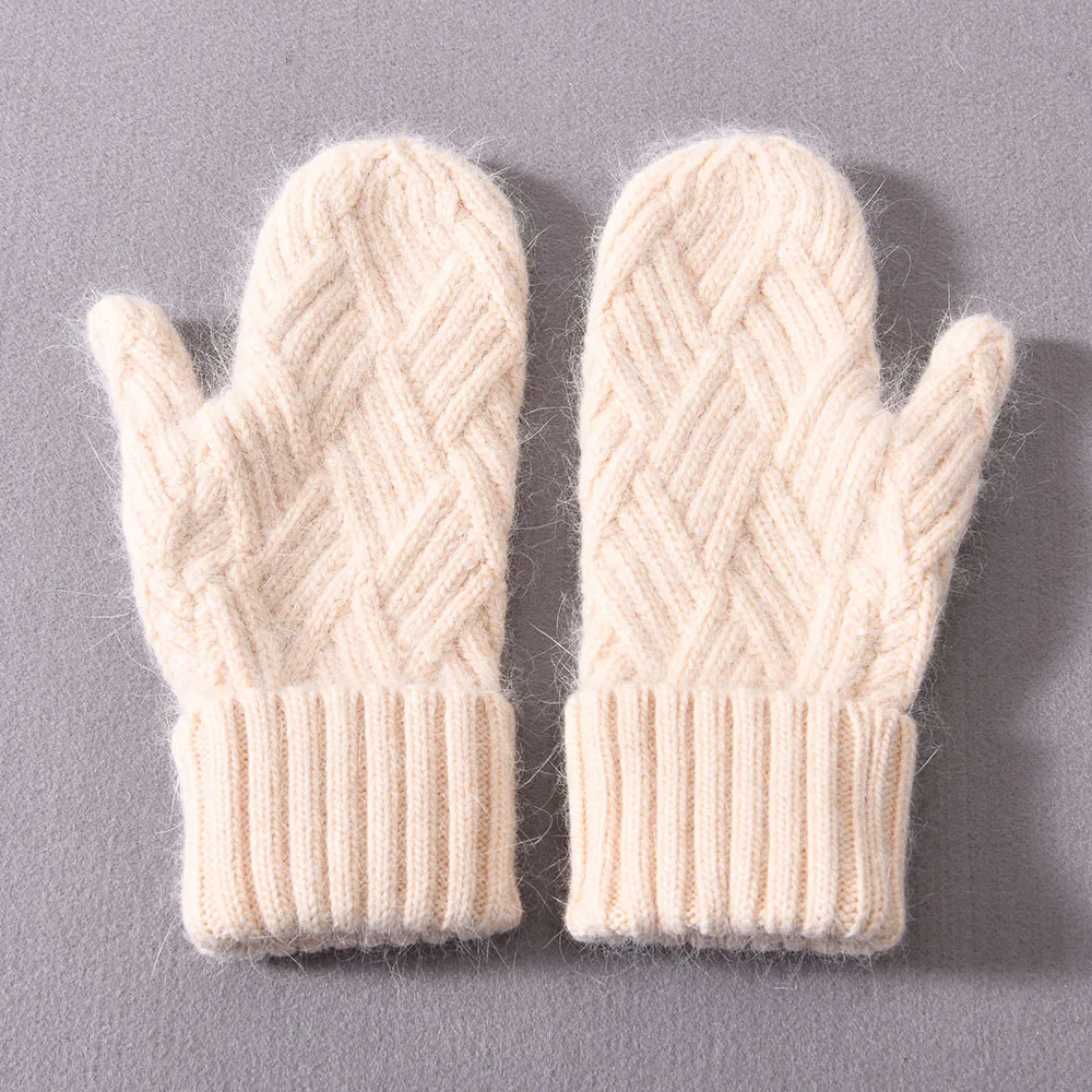 Jxwatcher Women Cashmere Knit Mittens High Quality Winter Female Wool Thickening Plush Fashion Warm Full Finger Gloves Female