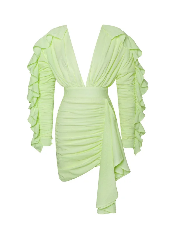 High Quality Celebrity Yellow Green Long Ruffles Sleeve Bodycon Dress Elegant Cute Dress Vestidos