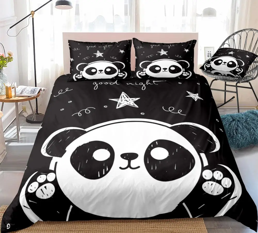 3 Pieces Panda Duvet Cover Set Cartoon Animal Bedding Kids Boys Girls Bed Set White Black Panda Quilt Cover Queen Star Dropship